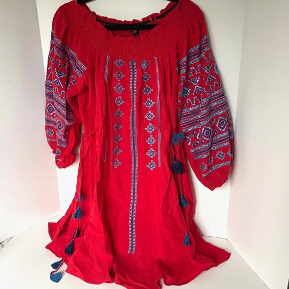 Anthropologie Ranna Gill Off Shoulder Dress Small Red Embroidered Peasant Cotton - Picture 3 of 11